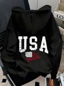Winter Clothes For WomenINAWLY Women's Casual Letter & American Flag Print Long Sleeve Hoodie Sweatshirt, Autumn/WinterLoose And Comfortablehoodie Christmas Sweatshirt - 黑色 - 查看 7