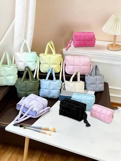 Quilted Puffer Bags, Puffer Handbags, Quilted Makeup Pouches, Stylish Padded Bags, Available In A Delightful Array Of Colors, Featuring A Quilted Puffer Design. Ideal For Daily Use, They Offer Both Style And Functionality, Perfect For Carrying Everyday Essentials, Makeup, Or Small Accessories