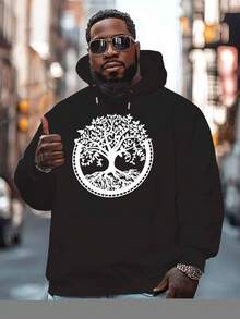 1 pieza Sudadera Casual para Hombre, Impresión del Árbol de la Vida, Tejido de Poliéster, Ajuste Regular, Cordón, Diseño de Patrón de Letras, Adecuada para Todas las Estaciones - Negro - Ver 4