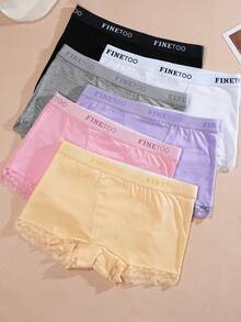 6pcs Women's Multi-Color 100% Cotton New Style Letter Ribbon Lace-Trimmed Comfortable Breathable Hipster High-Waisted Briefs, Plus Size Women's Underwear S-XXL - Multicolor - View 9
