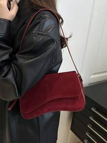 Minimalist Solid Color Shoulder Flap Bag, Classic Textured Crossbody Bag Purse For Women - Red - View 4