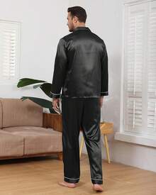 BigKing Men's Silk Satin Pajama Set, Men's Pajama Set, Soft, Long Sleeve, Button-Down - 黑色 - 查看 8