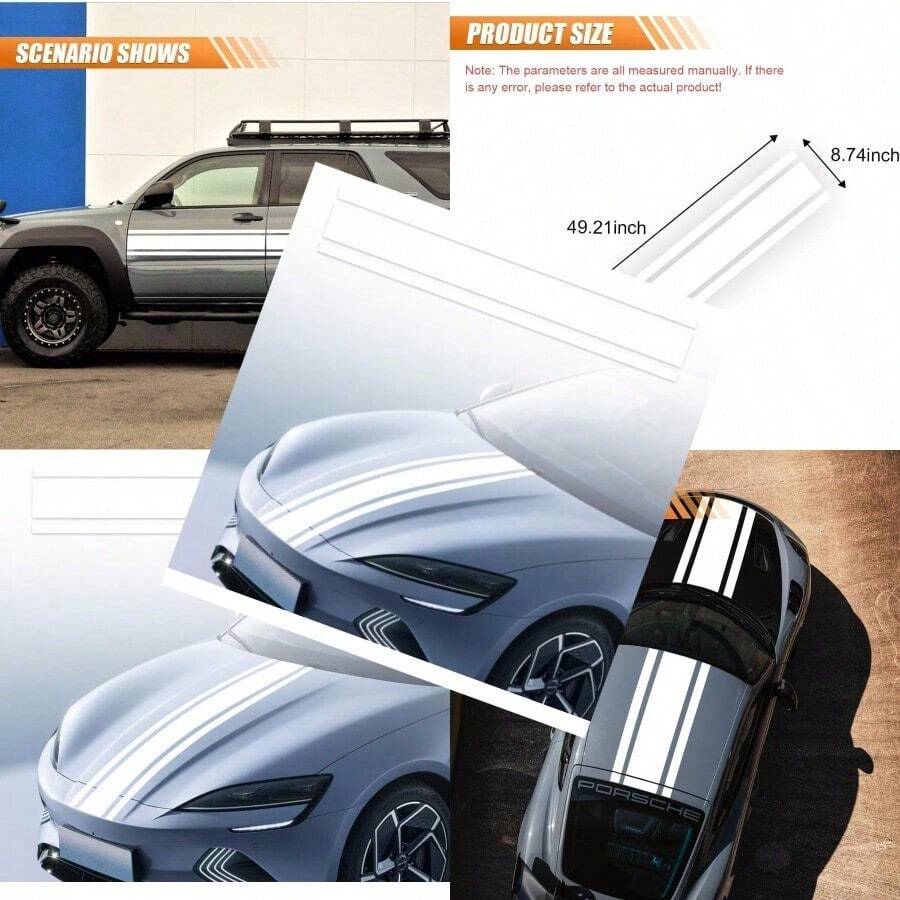 49"X 8.7" Car Hood Stripe Sticker Decal Vinyl Auto Racing Body Side Stripe Decal Fenders Roofs Tailgates Modified Exterior Decoration Universal For Car SUV Truck White - trắng - Xem 1
