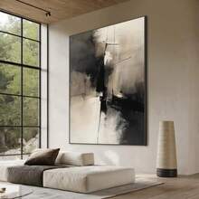 1 Pc Canvas Painting, Large-Scale Minimalist Abstract Paintings - Modern Wall Art In Black And Beige On Canvas , Wooden Framed Art,High Quality ,Thickness 2. 25cm/1inch Wall Art Prints Poster Direct Hanging Decor For Home Gifts,Living Room, Bathroom, Bedroom, Kitchen,Bar,Office,Halloween, Christmas And Valentine's Day Gifts,2D Plane - 黑色 - 查看 3