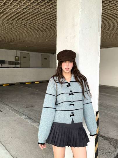 Korean Style Minimalist Contrast Stripe Fluffy Textured Peter Pan Collar Knit Cardigan Sweater