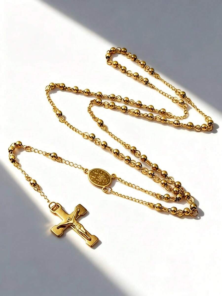 不锈钢金十字架念珠复古宗教耶稣十字架吊坠 Y 形长项链，适合日常佩戴和出席活动 - 金色 - 查看 1