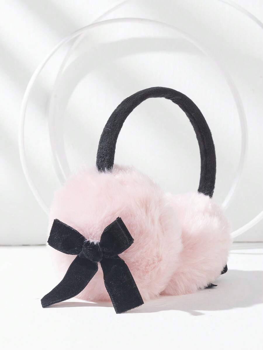 1个可爱蝴蝶结毛绒耳罩，Y2K风格，暖白色耳罩