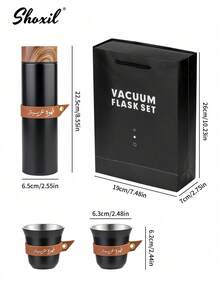 shoxil 3 件套咖啡礼品套装，包含 1 个 400 毫升不锈钢水瓶、2 个 80 毫升咖啡杯、带皮套的咖啡壶和卡瓦杯、带木纹盖的保温杯、旅行金属水瓶和水杯 - 彩色 - 查看 15