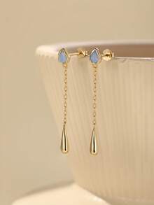 EleRunis 1Pair 925 Sterling Silver Opal Water Drop Tassel Flat Back Cartilage Helix Piercing Fine Jewelry For Daily Wear Wedding Party Engagement Anniversary Valentine's Day