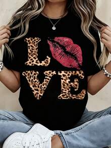 Leopard Print Love Kiss Graphic T-Shirt For Women, Cute Animal Print Top With Red Lip Design, Casual Summer Tee Shirt, Fashionable Black And White Crewneck T-Shirt For Girls And Ladies For Thanksgiving, New Year, Christmas And Halloween Gifts - 黑色 - 查看 1