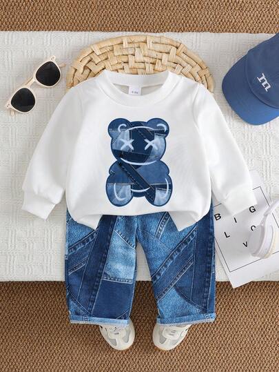2pcs Baby Boy/Girl Casual Bear Print Sweatshirt And Pants Set, Comfortable For Autumn/Winter