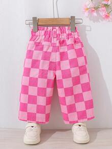 Baby Girl Casual Fashion Pink Plaid Print Wide Leg Jeans, Pleated Waist And Elastic - Pink - View 2