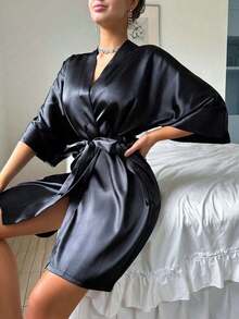 1pc Women's Solid Color Elegant Tie-Up Autumn/Winter Bathrobe, Sexy Short Satin Silk Soft Sleepwear, Suitable For Bride, Bridesmaid, Home Use Back To School - trắng - Xem 8