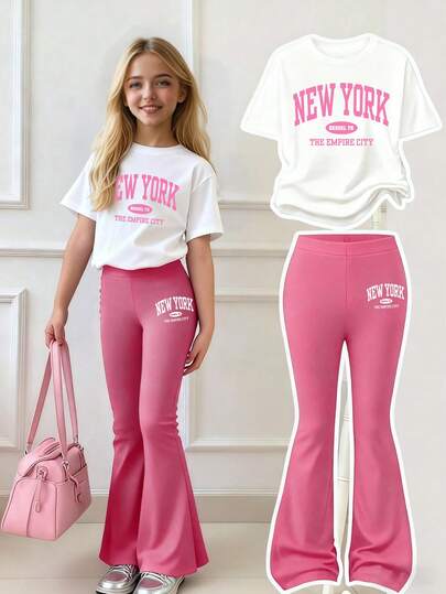 Tween Girls Letter Graphic Print Short Sleeve T-Shirt And Skinny Flare Pants Set