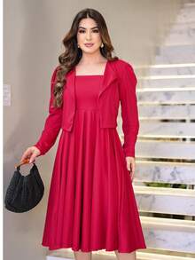 Midi Flared Dress + Blazer Set Elegant Executive Evangelical Fashion - Đỏ - Xem 5