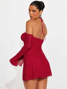 Vestido mini elegante y brillante de gasa para mujer, con cuello halter, mangas largas, corte ajustado y falda corta que realza la silueta. - Rojo - Ver 3