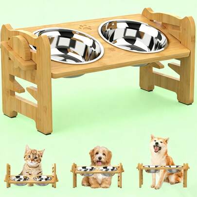 Comedero elevado para mascotas, soporte ajustable para perros pequeños y gatos, comedero elevado con inclinación de 15°, comedero duradero de bambú para perros con 2 cuencos de acero inoxidable y patas antideslizantes.