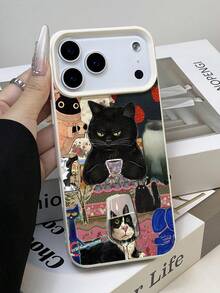 1pc Vintage Cat & Strawberry Pattern Waterproof Anti-Fall Anti-Slip Soft Leather Phone Case, Compatible With Apple, Phones,International Version, Not The Domestic Version - Multicolor - View 2