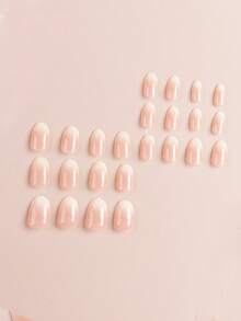 24pcs Short Oval Gradient Color French Manicure Fake Nails, Minimalist Contrast Color Patterns, Includes 1 Nail File And 1 Jelly Gel - Multicolor - View 3