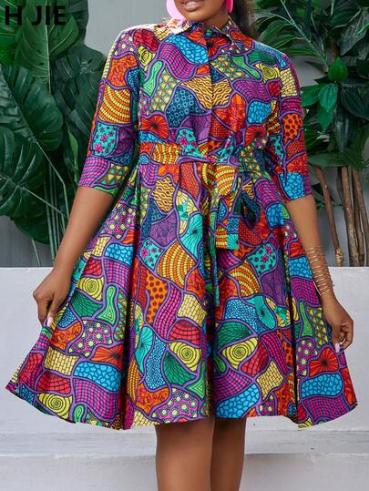 Abito camicia a-line da donna in stile boho con stampa vivace, vita con cintura, maniche corte, collo alla coreana e orlo a ginocchio ampio