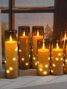 5支闪烁无焰蜡烛，带星形串灯，电池供电，内置LED灯串，不易碎亚克力材质，带遥控器，许愿蜡烛灯，适用于桌面摆件装饰，适合圣诞节、万圣节、情人节、婚礼、派对、节日氛围装饰。 - 灰色 - 查看 5