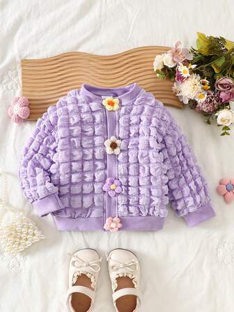 Baby Girls' Cute Fresh Plaid & 3D Flower Decor Stylish Long Sleeve Cardigan Jacket, Suitable For Outdoor Wear, Autumn/Winter