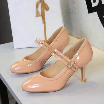 6682-6 Damskor med hög klack, rund tå och Mary Janes, dubbelspänne, mjuk JK-modell, lämplig för kjolar, pumps i lackskinn