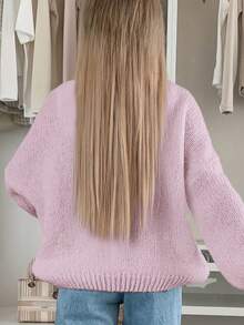 Áo len cardigan dáng rộng phía trước thường ngày cho nữ, áo len cardigan dệt kim ngắn tay dài màu trơn, thiết kế họa tiết gân, áo len dệt kim mềm mại thanh lịch, độ co giãn thấp, ấm áp và thoải mái khi mặc ngoài trời và trong nhà - Hồng - Xem 4