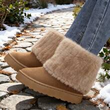 Botas de inverno femininas de cano alto, forro térmico, pele sintética, pelúcia curta, sola grossa e plana, calçado quente e acolchoado. - Camelo - Ver 16