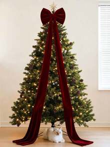 1pc Oversized Burgundy Velvet Christmas Bow, Giant Hanging Ribbon Tree Topper With Long Tails, Decorative Bow For Wall Backdrop Wedding Birthday Holiday Party Photo Prop Decoration - Multicolor - View 3