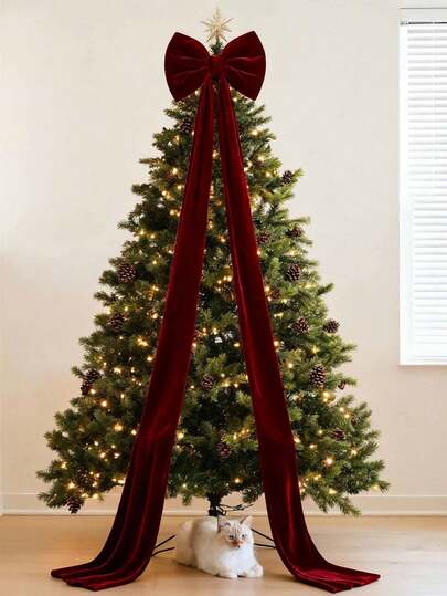 1pc Oversized Burgundy Velvet Christmas Bow, Giant Hanging Ribbon Tree Topper With Long Tails, Decorative Bow For Wall Backdrop Wedding Birthday Holiday Party Photo Prop Decoration