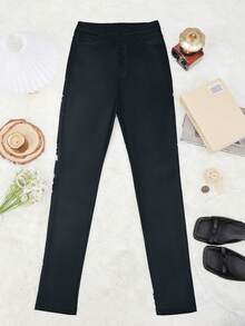 Apperloth A 纽扣门襟保暖内衬 PU 皮革紧身裤，女士春/秋季派对纽扣、前纽扣、口袋高腰紧身长款黑色常规版型女裤，休闲日常穿着 - 黑色 - 查看 6