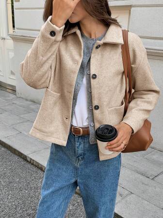 Just Masa 女装秋冬返校新款外套纯色休闲日常慵懒宽松前排扣口袋翻领宽松长袖外套