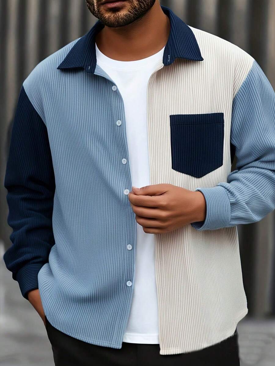 Cămașă casual din catifea reiată pentru bărbați, la modă, cel mai bine vândut, mărime mare, cu guler contrastant, cu nasturi la piept, simplă și versatilă, pentru navetiști, jachetă cu mânecă lungă, primăvară/toamnă - Albastru - Vizualizare 1