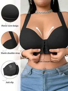 大码女士纯色前扣舒适性感文胸 - 黑色 - 查看 1