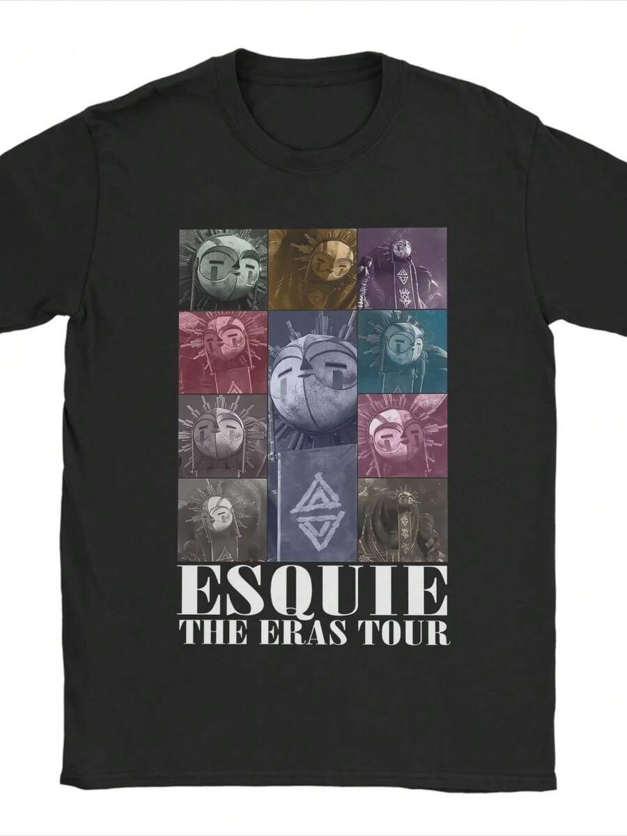 Vintage Esquie  Tshirts Men Round Neck Short Sleeve Tops Shirts Clair Obscur Expedition 33 Cotton Summer Top Tee. - 黑色1 - 查看 1