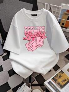 180g pure Cotton Valentines Day Feeling Lucky Sweatshirt, Retro Valentines Day Shirt, Girls Trip Shirt, Trendy Valentines Day Shirt, Lucky Dice Shirt fashion Print Round Neck Short Sleeve Comfortable graphic female Casual Unisex Stretched Soft streetwear Summer - Blanco - Ver 2