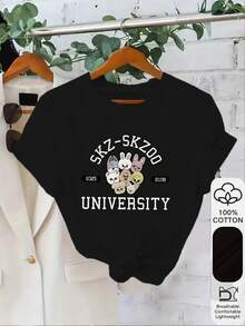 1pc 100% Cotton SKZSKZOO University Graphic Print Women's Short Sleeve TShirt, Perfect Birthday Gift, Holiday Gift, Casual Style Tee for  Fan - Negro - Ver 1