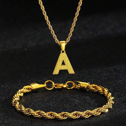 2件套经典简约镀金字母吊坠不锈钢扭链项链手链套装，男女皆宜，时尚街头风字母项链，适合日常佩戴和作为朋友的生日礼物