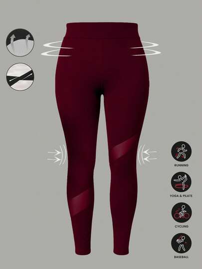 Plus Size Women Sports Pants, Mesh Patchwork Design Plus Size Workout Leggings, High Waist Suitable For Fitness, Running, Yoga, Casual Wear