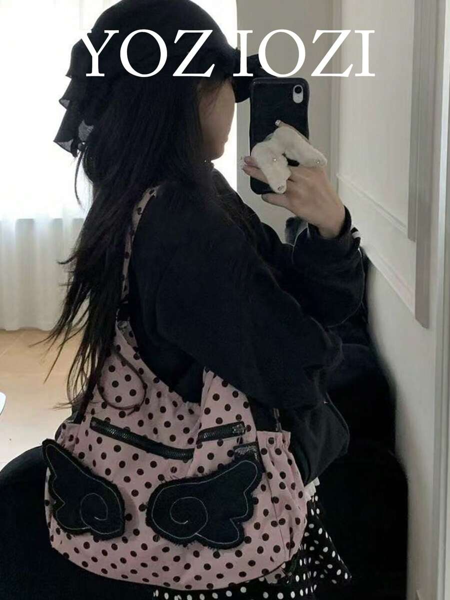 Back To School Polka Dot Wing Design Large Capacity Commuter Tote Bag, Korean Fashion Versatile Shoulder/Crossbody Bag, Daily Backpack , Polka Dot - Pink - View 1