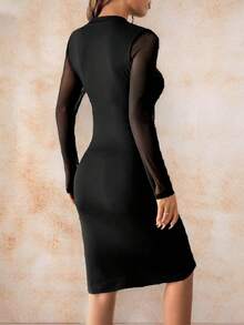 Elegant Women's Black Fitted Mid-Length Dress, Stand Collar, Semi-Sheer Mesh Long Sleeves, Slit Hem, Knit Fabric