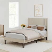Asofer 120 x 200 cm Bettrahmen mit Ohrendesign-Kopfteil, gepolstertes Plattformbett mit moderner geometrischer Optik, Holzlattenunterbau, unkomplizierte Montage, dekorativer Wohnbegleiter - Beige - Übersicht 2