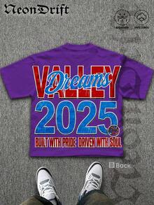 Y2K,Printed With Patterns Of A Vintage - Style Auto Repair Shop, Along With The Words 'Dreams Valley',Fashionable Cotton Men's T-Shirt, , Surprise Gift For Friends And Family, Drop Shoulder Sleeves Round Neck - 紫色 - 查看 3