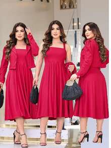 Midi Flared Dress + Blazer Set Elegant Executive Evangelical Fashion - Đỏ - Xem 4