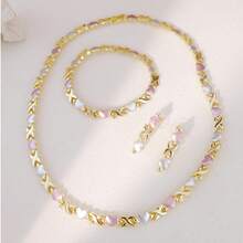 Bộ trang sức mạ vàng ba màu dành cho nữ Bộ trang sức trái tim XOXO Phụ kiện váy cưới Bộ vòng cổ hoa tai pha lê vàng - Bộ 4 món - Xem 1
