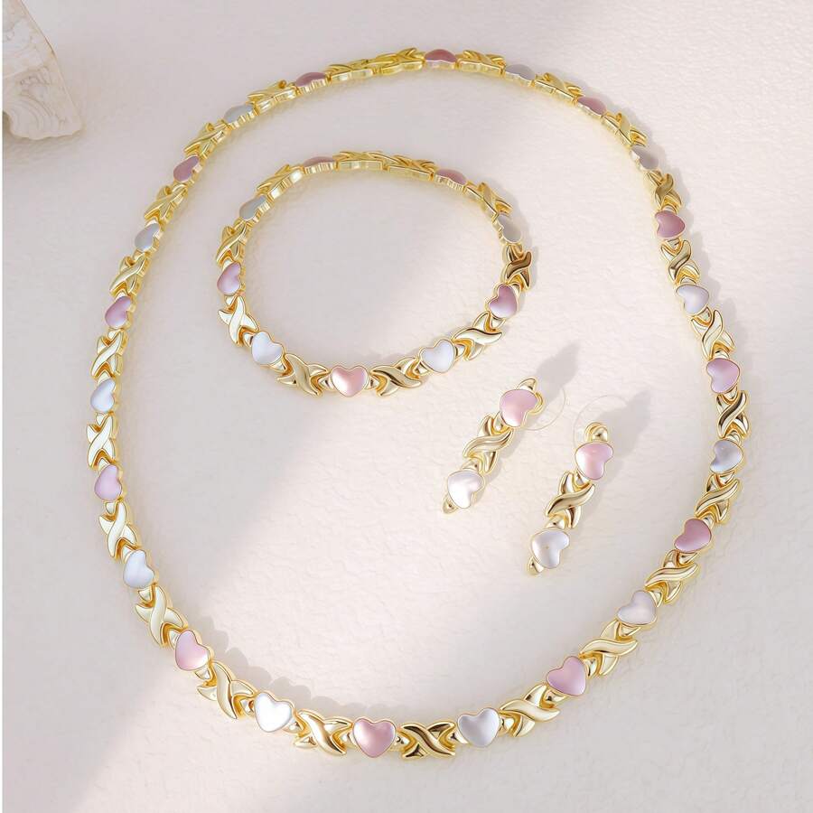 Bộ trang sức mạ vàng ba màu dành cho nữ Bộ trang sức trái tim XOXO Phụ kiện váy cưới Bộ vòng cổ hoa tai pha lê vàng - Bộ 4 món - Xem 1