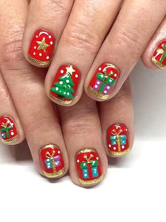 24pcs Red Square Christmas Theme Short False Nails Set, Suitable For Women & Girls Daily And Holiday Party, Comes With Jelly Gel And Nail Files