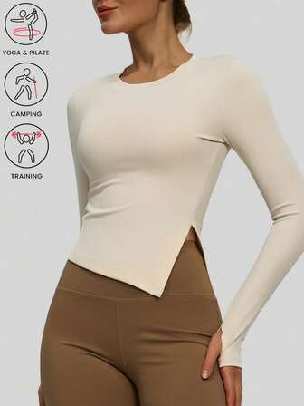 1 قطعة ملابس علوية يوجا للنساء بلون أحادي مع شق جانبي وياقة مستديرة، بتصميم ضيق وأكمام طويلة للتمارين الرياضية