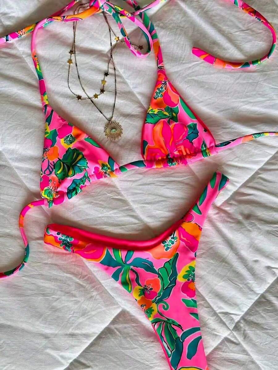 Summer New Women's Tropical Floral Print Halter Tie Sexy Casual Beach Resort Party Bikini Swimsuit Set Vacation - Multicolor - View 1